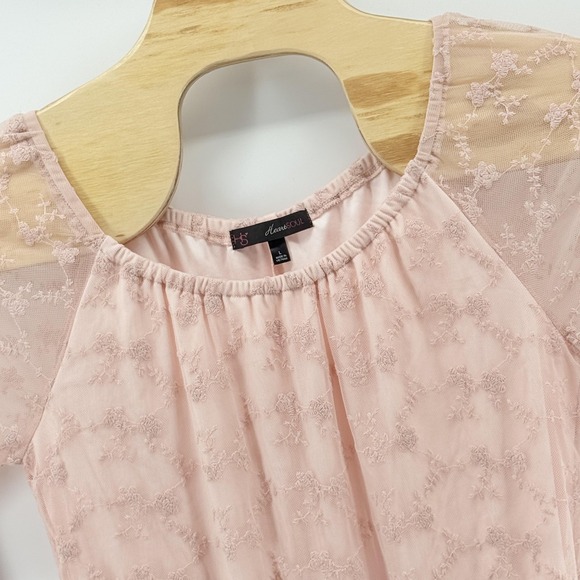 HeartSoul Dresses & Skirts - HeartSoul Dress Womens Large Pink Mesh Embroidered Floral Sheer Sleeve Ruffle